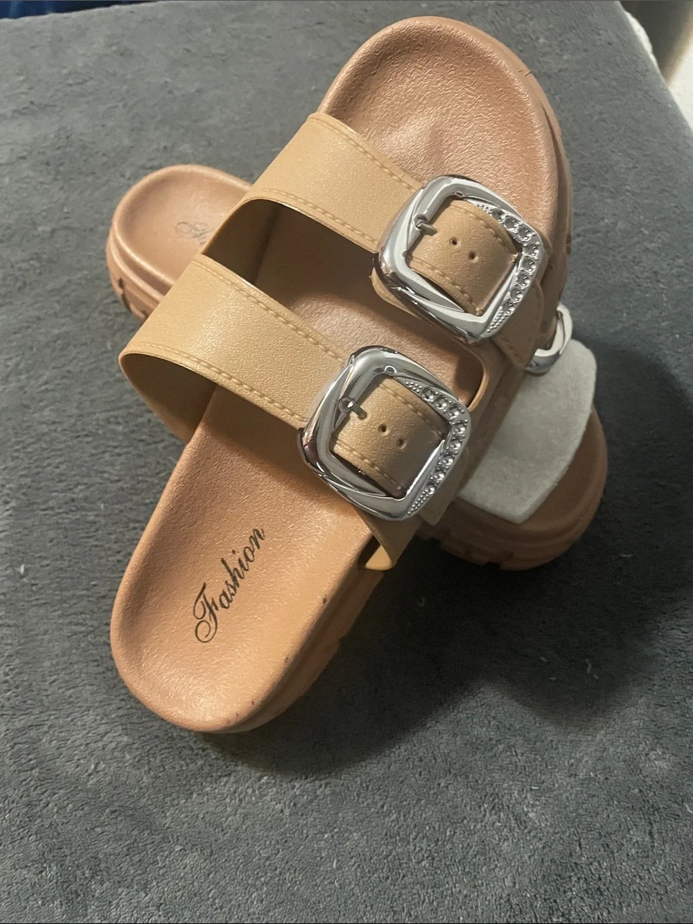 Women's Tan Dual-Buckle Slide Sandals with Chunky Sole NWOT